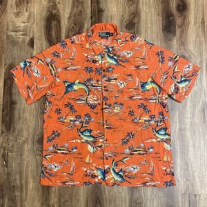 Polo Ralph Lauren VTG Shirt Men XL Orange Hawaiian AOP Marlin Swordfish Sailboat